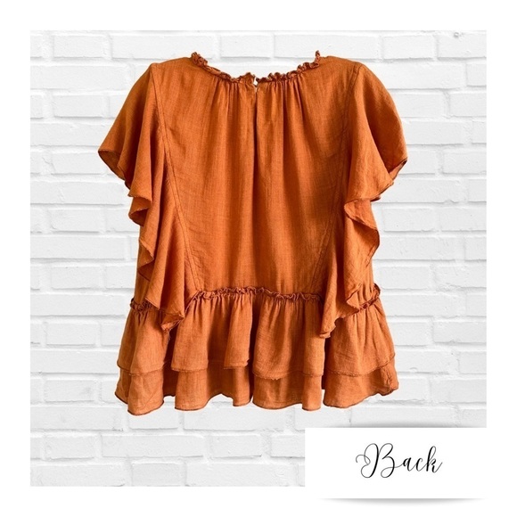 Moon River Orange Linen Blend Butterfly Sleeve Ruffle Top Anthropologie Medium - Picture 2 of 10